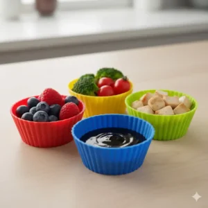 Close-up shot of durable, food-grade silicone bento dividers shaped like reusable muffin cups, perfect for separating wet and dry foods.