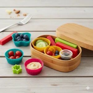A close-up illustration of reusable silicone bento inserts and small baking cups, ideal for separating snacks and keeping foods organized in a lunch box.