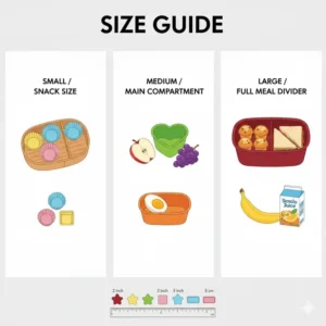 A size comparison guide showing various shapes and dimensions of bento silicone food cups.
