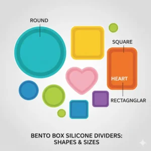 An educational graphic showing the different sizes and geometric shapes available for bento box silicone cups.