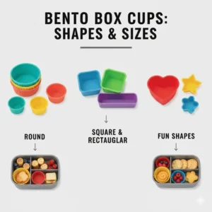 An illustration displaying various shapes and sizes of colorful bento box cups for meal prep.