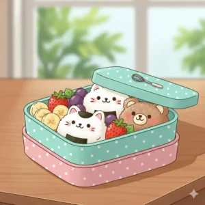 A cute bento box featuring animal themes like cats and bears made of rice and seaweed.