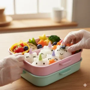 Step-by-step image illustrating the process of assembling the colorful unicorn bento into the lunch box container.