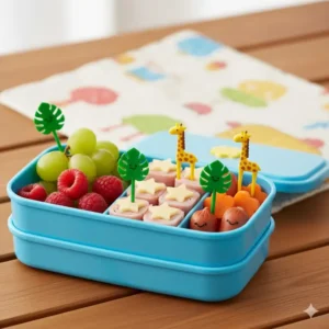 Decorative leaf-shaped food picks and small plastic bento dividers used to secure and separate fruit and small snacks in a child's lunch box.