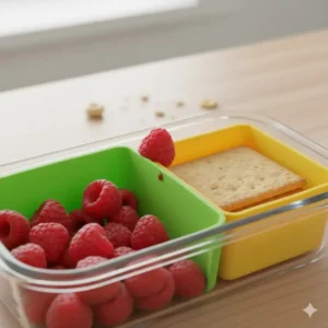 Flexible silicone dividers for lunch box preventing wet fruit from touching dry crackers.