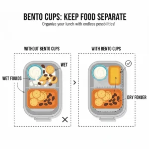 A visual demonstration of how bento cups keep wet and dry food ingredients separated.