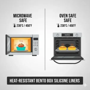 A technical drawing demonstrating the microwave and oven safety features of these bento box silicone cups.