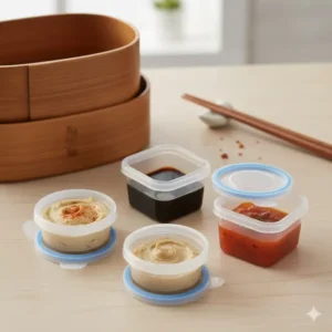 Illustration showing small, leakproof mini containers or bento inserts that are perfect for safely carrying sauces, dressings, and dips without spillage.