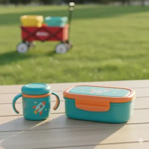 A sealed, easy-to-carry portable baby bento box sitting next to a sippy cup, ideal for travel or daycare lunches.