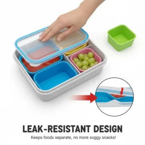 3. Illustration demonstrating the snug fit and leak-resistant design of the silicone bento cups, keeping different foods separate.