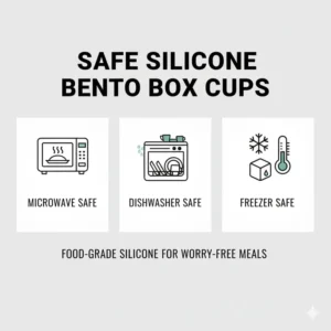 Graphic icons showing that these silicone bento box cups are dishwasher and microwave safe.