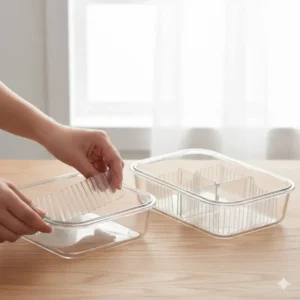 A set of clear, flexible plastic bento dividers shown being adjusted to fit different container sizes, providing customizable sectioning for meal prep.