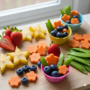 A collection of bright, naturally colored fruits and vegetables, like strawberries and blueberries, used as sides for the unicorn bento.