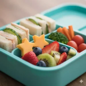 Close-up of bite-sized, nutritious food arranged attractively inside a section of a reusable baby bento box, emphasizing shapes and colors.