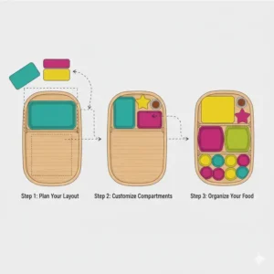 Diagram illustrating the different ways to arrange adjustable bento inserts within a rectangular lunch container to maximize space and customize compartments.