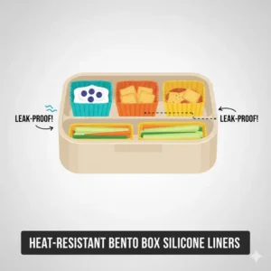 A cross-section diagram showing how bento box silicone cups prevent food leakage and keep ingredients crisp.
