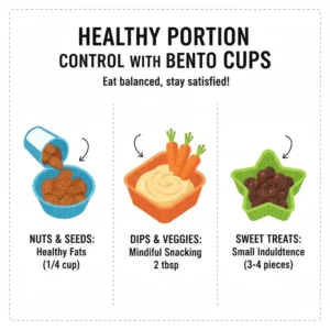 A helpful illustration showing how to use bento cups for effective portion control in daily meals.