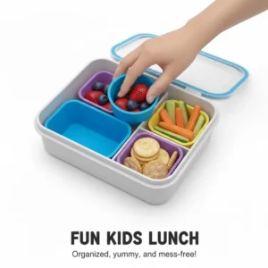 4. A fun children's lunch packed with fruit, veggies, and crackers, organized neatly using small, round silicone bento cups.