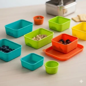 A set of various shapes and sizes of reusable silicone dividers for lunch box laid out.