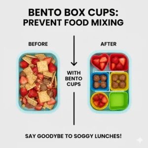 An illustration showing how bento box cups prevent different food items from mixing in a lunchbox.