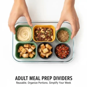 5. Silicone bento cups used as reusable dividers for adult meal preparation, holding sauces, nuts, and protein portions.