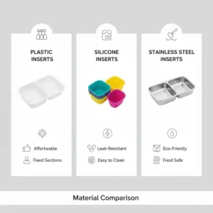 Infographic or illustration comparing plastic, silicone, and stainless steel bento inserts, highlighting the benefits of each material type for meal prep.