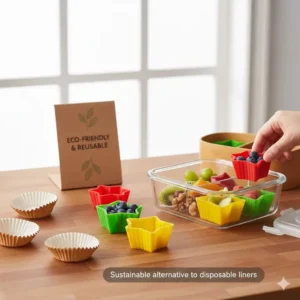 Sustainable and eco-friendly reusable bento silicone food cups used as an alternative to paper liners.