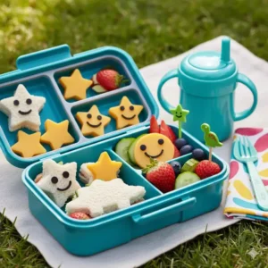 A creative, fun-themed baby bento box lunch, utilizing small cookie cutters to make star and animal shapes out of cheese and sandwiches.