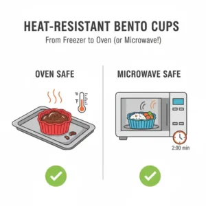 An icon-style illustration highlighting heat-resistant and microwave-safe silicone bento cups.
