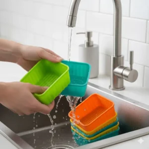 Hand washing reusable silicone dividers for lunch box, showing easy cleaning.