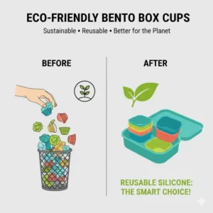 An eco-friendly themed illustration featuring reusable bento box cups as a sustainable choice.