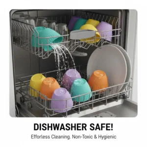 6. Image of the non-toxic, dishwasher-safe silicone bento cups being cleaned in the top rack of a dishwasher.