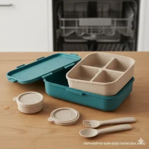 An image showing a disassembled, easy-to-clean, dishwasher-safe baby bento box with removable silicone liner.