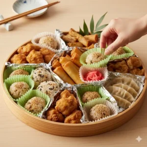 An illustration showing small, pleated disposable paper or aluminum foil bento dividers used to quickly separate side dishes in a large party platter.