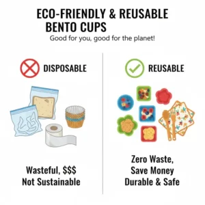 A comparison showing the environmental benefits of using reusable bento cups over plastic wrap.