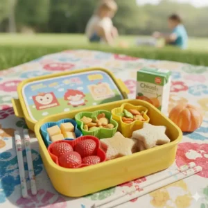 A fun and organized kids lunch box using heart and star-shaped bento silicone food cups.