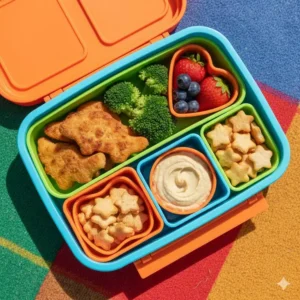 A fun, organized kids lunch using silicone dividers for lunch box to separate snacks.