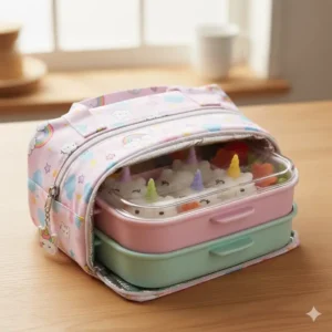 A fully packed and sealed unicorn bento box, ready to be placed into a school lunch bag.