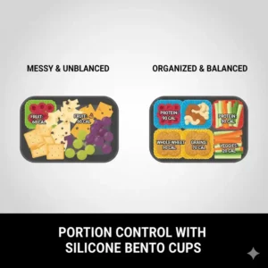 A visual guide to healthy eating and weight management using bento box silicone cups for precise portion control.