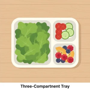 Top-down view of a removable, rigid plastic bento inserts tray with three fixed compartments, designed to fit standard-sized bento boxes.