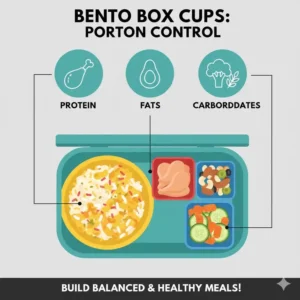 A guide illustration showing how to use bento box cups for healthy portion control in daily meals.