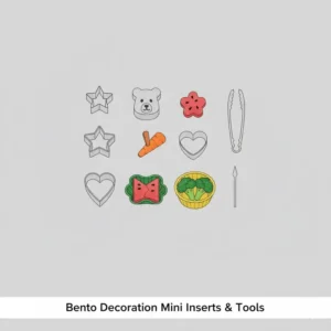 Illustration of small food-grade stainless steel cutters and mini bento inserts used for making fun shapes out of fruits and vegetables for kids' lunches.