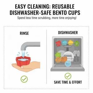 An illustration of dishwasher-safe bento cups being cleaned for easy meal prep maintenance.
