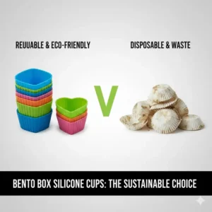 An environmental impact comparison between sustainable bento box silicone cups and disposable paper liners.