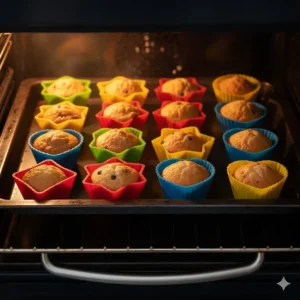 Heat resistant bento silicone food cups being used for baking small muffins in the oven.