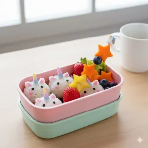 An illustration of rainbow-colored food skewers included as a fun addition to the themed unicorn bento lunch.
