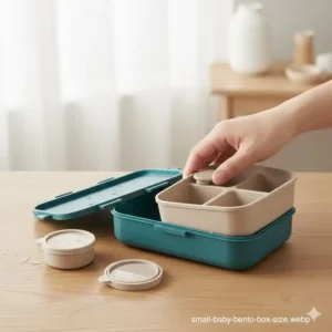 A small, appropriately-sized baby bento box next to an adult's hand for scale, illustrating its perfect size for infant or toddler portions.