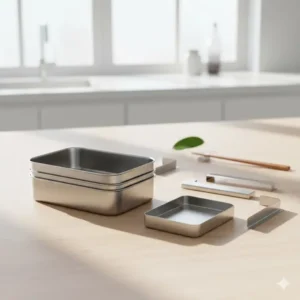 Stack of eco-friendly, stainless steel bento dividers—a durable and reusable option for segmenting meals.