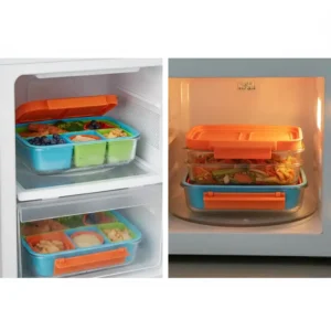 Temperature-safe silicone dividers for lunch box placed inside a container for freezer and microwave use.