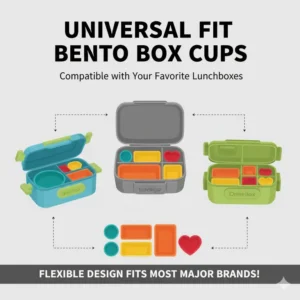 An illustration demonstrating how flexible bento box cups fit into various brands of lunch containers.